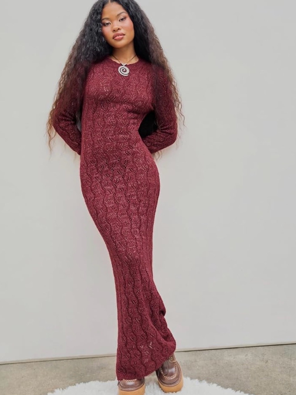 Cider Burgundy Cable-Knit Maxi Dress - Size M